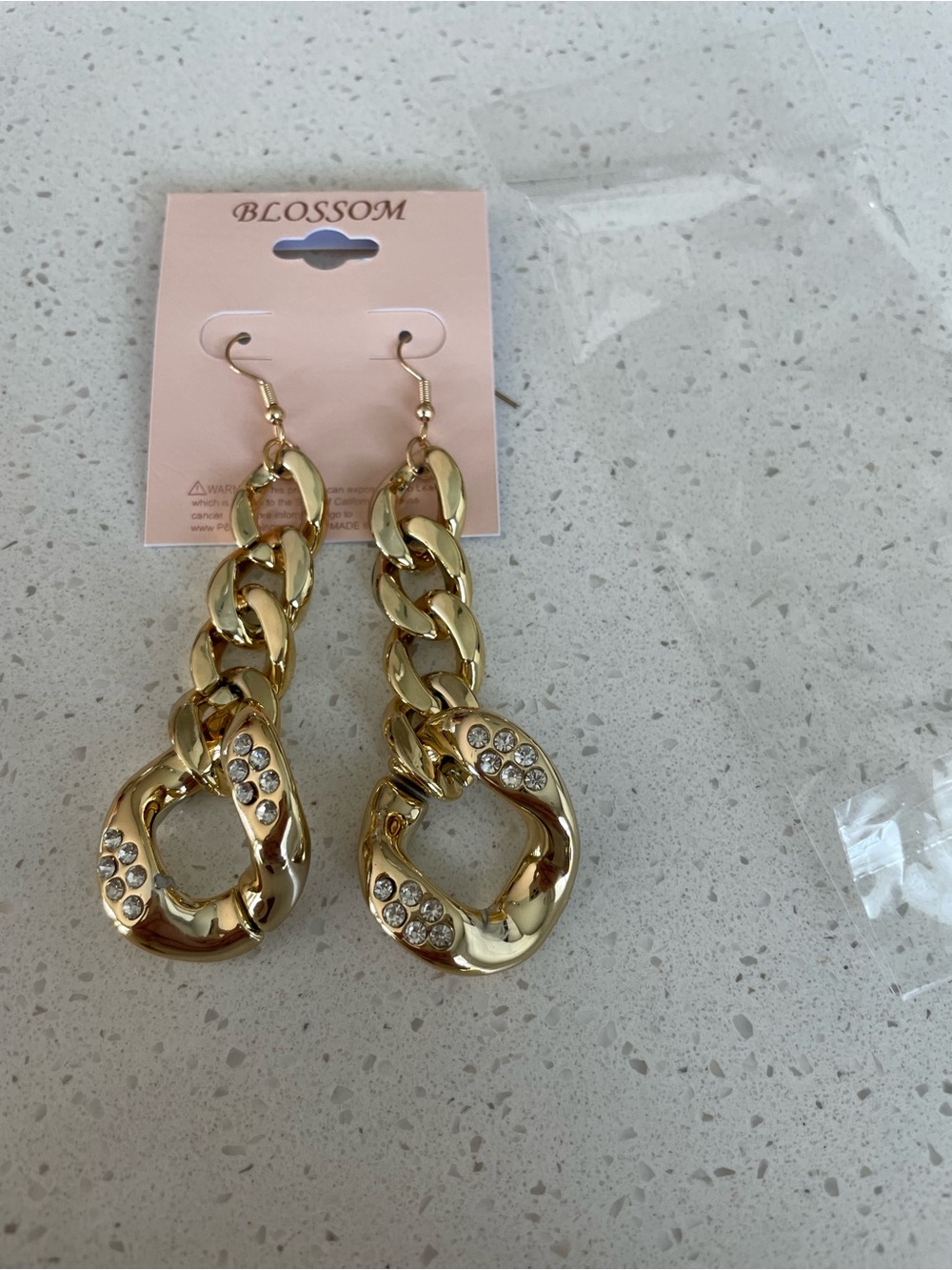 Blossom Gold Tone Chunky Chain Rhinestone Drop Earrings New with tags